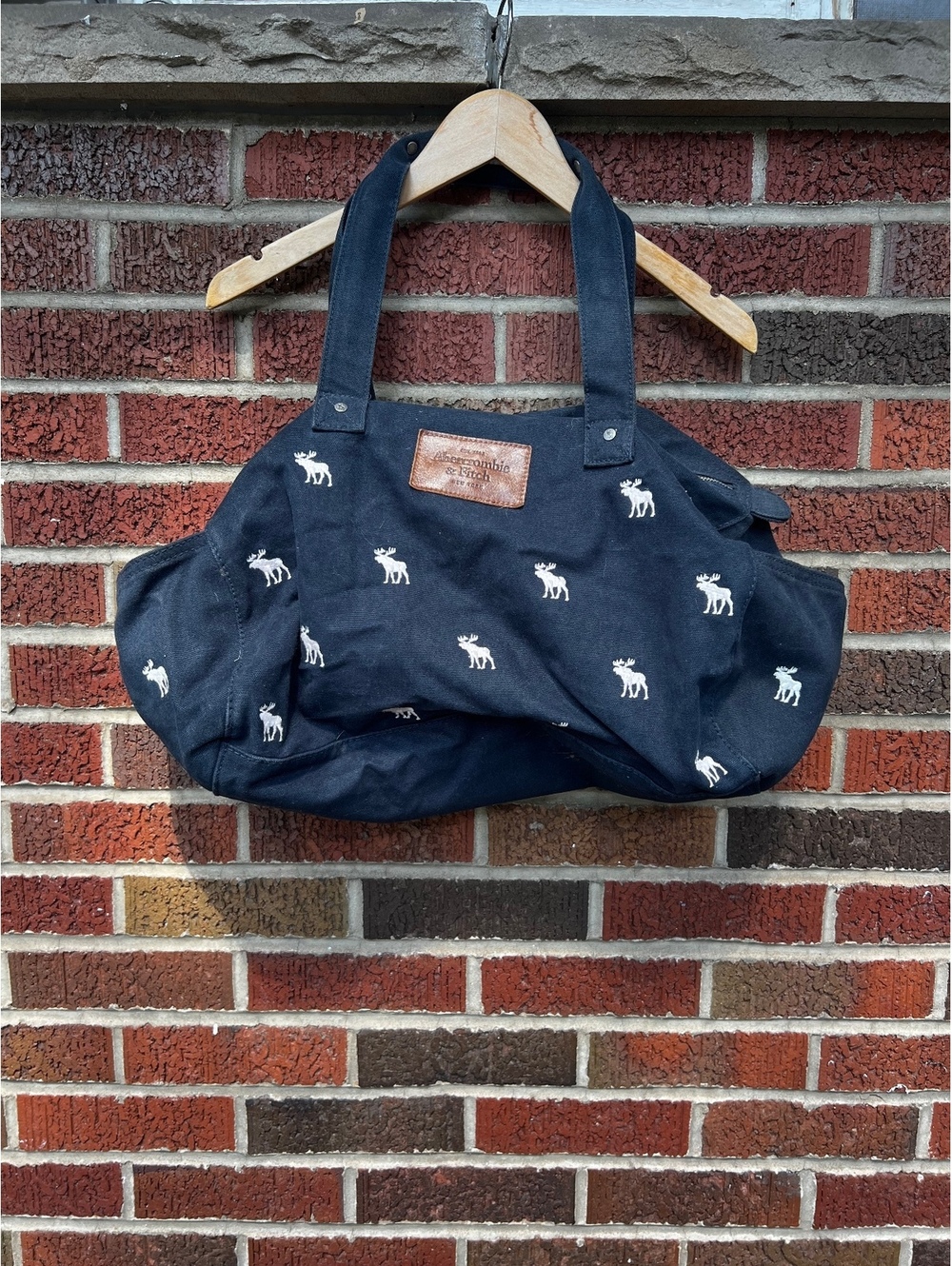 Abercrombie & Fitch Navy Blue and White Embroidered Logo Canvas Duffle Bag